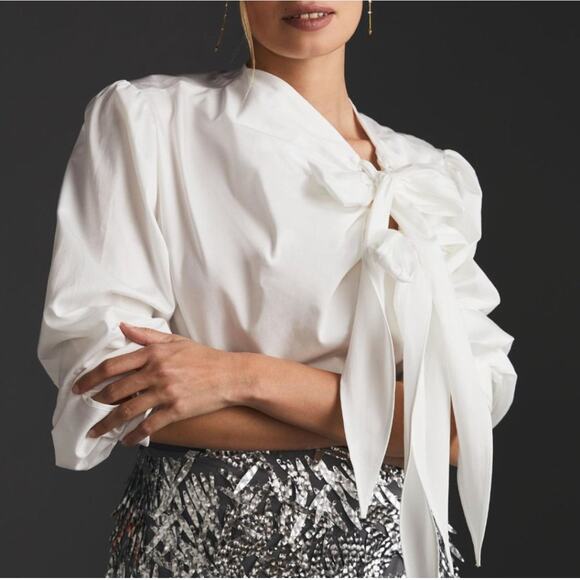 Anthropologie Maeve Poplin Double Tie White Long Sleeve Blouse - Picture 3 of 8